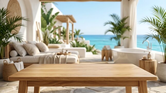Empty wooden table top for product display with blurred luxury resort ocean view background for summer advertisements.