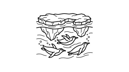 Fototapeta premium Elegant Black and White Line Drawing of Birds Flying Around a Floating Island with Water Drops with high quality professional line art symbols for modern creative design and digital branding projects