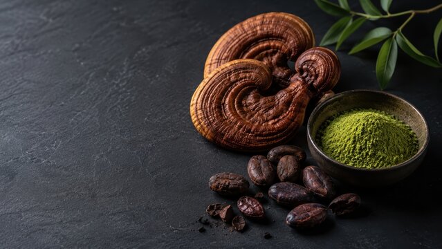 Reishi mushrooms longevity superfood powder and beans on black slate