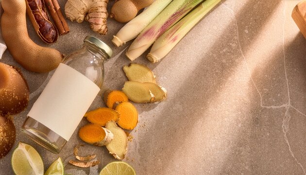 Warm overhead flat lay of a blank glass bottle surrounded by tamarind, ginger, turmeric, lemongrass, lime, and cinnamon on stone, ideal for culinary, herbal, or packaging designs.