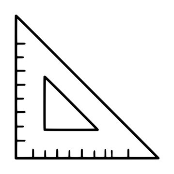Hand-traced set square vector icon, black outlined right triangle ruler with tick marks and inner triangular cutout on plain white background, sketch style drafting tool illustration