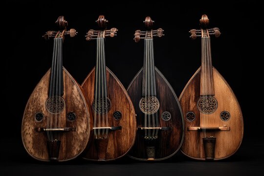 Four traditional stringed instruments, each with distinct wooden patterns, against a black background