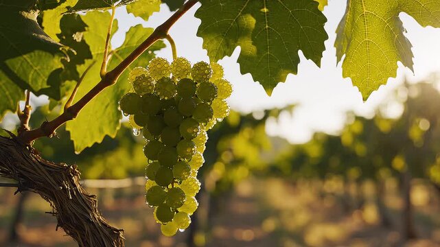 Green grapes glistening with morning dew hanging on vine animation footage capturing gentle nature outdoor movement