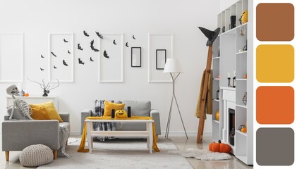 Obraz premium Halloween decorated modern living room with skeleton and pumpkins