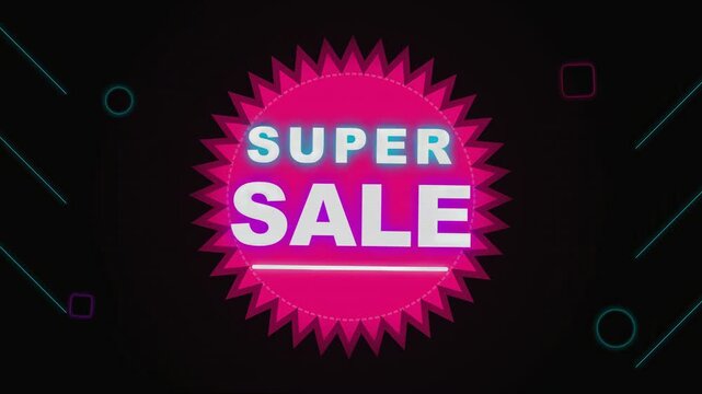 Dynamic Neon Retro Super Sale Motion Graphic Animation with Pink Starburst and Synthwave Geometric Background