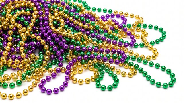Mardi Gras Beads Cascading Purple Green And Gold On White Background