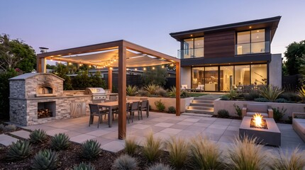 Fototapeta premium Patio kitchen features a stone pizza oven and dining area under a wooden pergola at dusk.