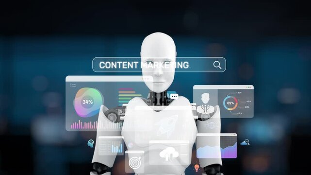 A futuristic robot engages with advanced digital content marketing tools, presenting an innovative approach to analytics and strategies in the evolving marketing landscape. Synapse