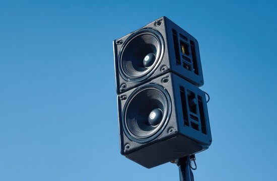 Two stacked audio speakers against a bright blue, cloudless sky. Mounted on a black pole