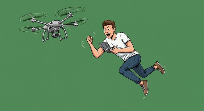 Man operating flying drone with remote control for recreation