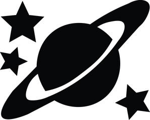 Saturn Planet Vector  Ringed Planet Silhouette  Space Astronomy Icon with Stars Black Illustration © Ramnaresh