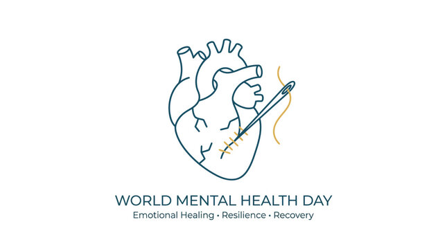 Human heart line art being stitched with a needle and thread represents emotional healing, resilience, mental health recovery, psychological repair, and self-care on World Mental Health Day.