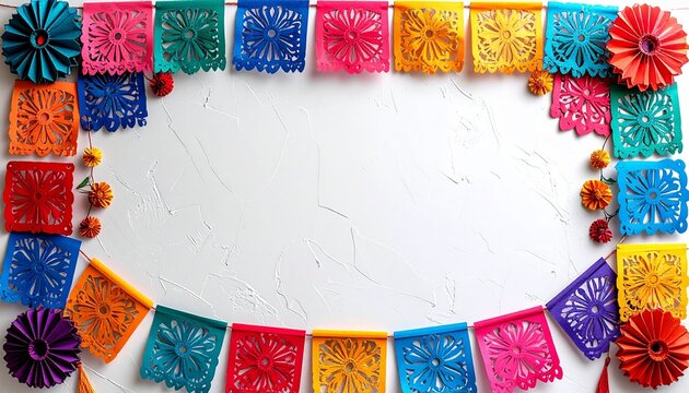 Colorful Mexican papel picado banner border on white background