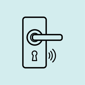A door handle with a keyhole and wireless signals. Represents keyless entry and digital home security systems.
