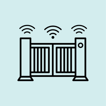An entrance gate with wireless signals. Represents automated home entry systems and remote garage door control.