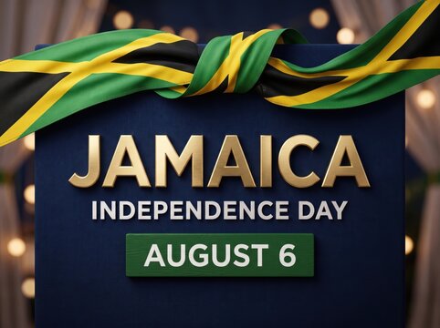 Jamaica independence day with a draped jamaican flag over a dark blue sign featuring gold lettering and the date august 6 on a green rectangular background with bokeh light background