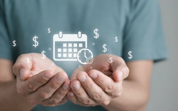 Time management and financial planning concept with calendar and dollar signs
