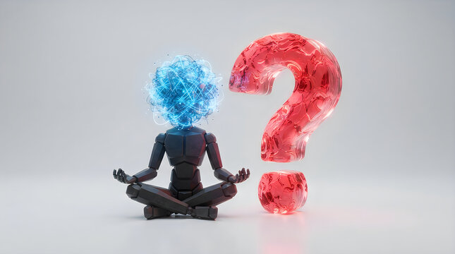 A meditative figure with a glowing blue digital brain sitting beside a large red crystalline question mark symbol