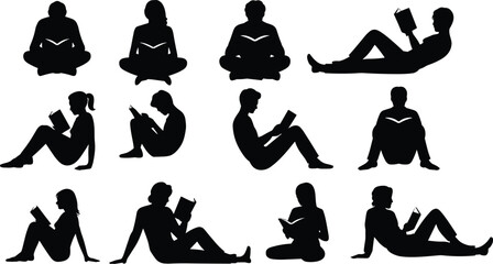 Silhouette figures reading books in various seated and reclining poses against a clean white background