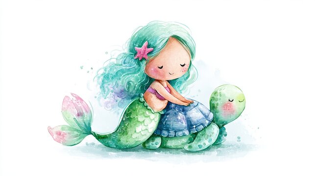 A cute watercolor illustration of a mermaid with turquoise hair sitting happily on a smiling green turtle with a blue shell.