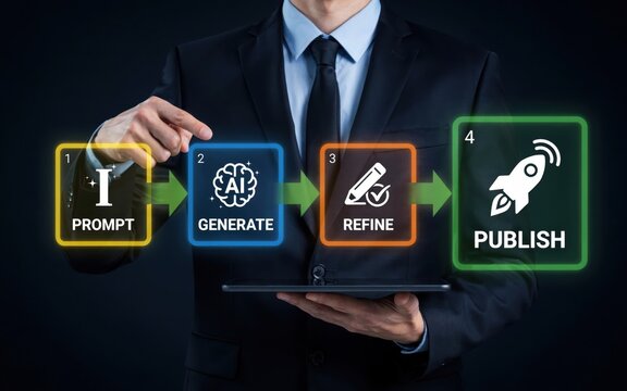 Business professional pointing at a fourstep ai workflow process