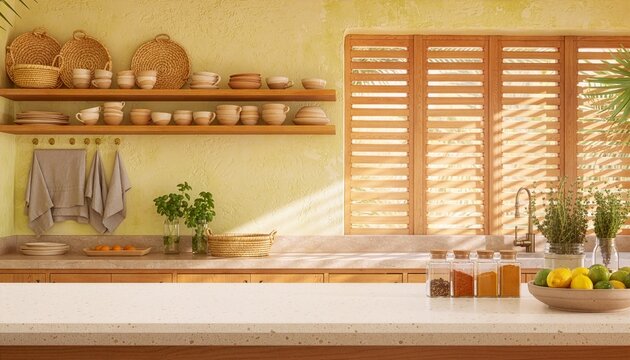 Warm rustic kitchen with yellow walls, wooden shelves and shutters, ceramic tableware, fresh herbs, spices, citrus, and a spacious stone counter for inviting home and culinary themes.