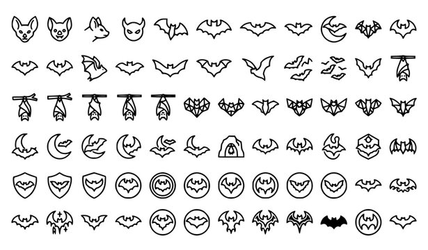 Minimal bat outline icon pack with Halloween flying wildlife and gothic symbol vector set