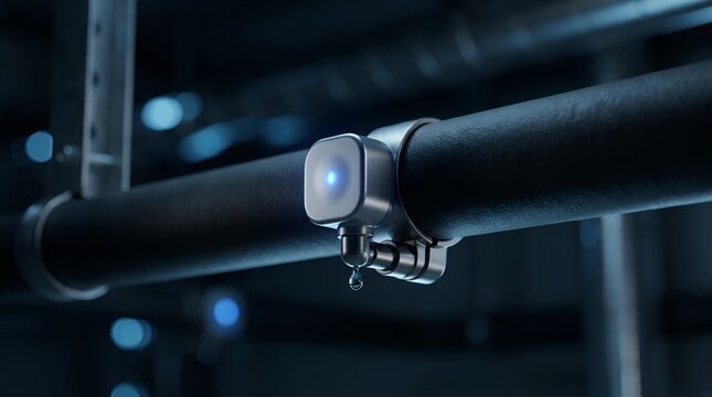 Smart IoT water leak sensor clipped onto an insulated pipe dripping water in a dark industrial setting