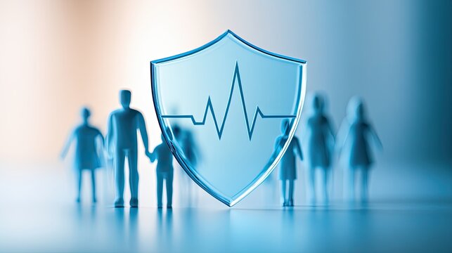 A shield with a heartbeat line symbolizes health protection over a blurred family, representing healthcare security and insurance.
