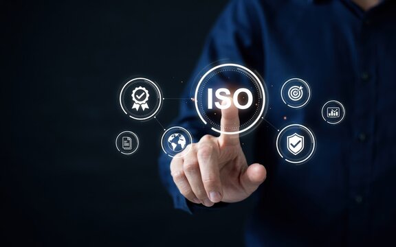 Businessman touching iso certification and quality standards icon