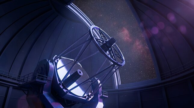 Large reflector telescope inside an observatory dome pointing toward a starry night sky with the Milky Way visible