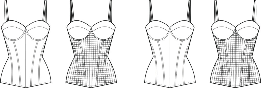 Set of four stylish corset tops featuring different grid patterns and classic spaghetti strap design elements