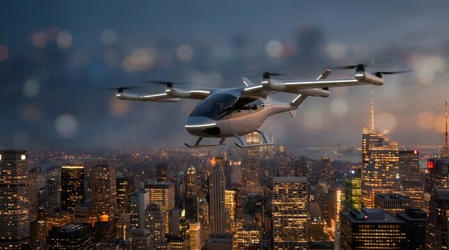 Electric air taxi eVTOL aircraft flying over a glowing city skyline at dusk in a futuristic urban air mobility concept