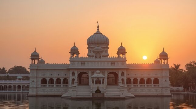 Beautiful White Temple Architecture at Sunset with Reflection on Water in Golden Hour Light