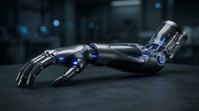 Futuristic carbon fiber bionic prosthetic arm with glowing blue LED accents resting on a dark surface in a high-tech environment