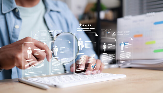HR professional using a virtual magnifying glass UI to review candidate resumes, job profiles, and qualification documents.
