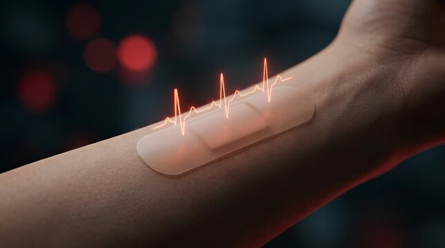 Futuristic wearable health patch on a human forearm displaying a glowing ECG heartbeat signal