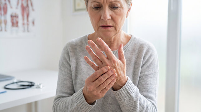 Mature woman massaging painful hand joints in a doctors office