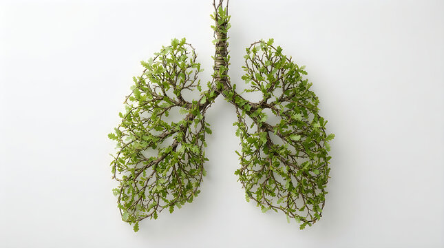 Conceptual human lungs made of intricate tree branches and green leaves isolated on a clean white background