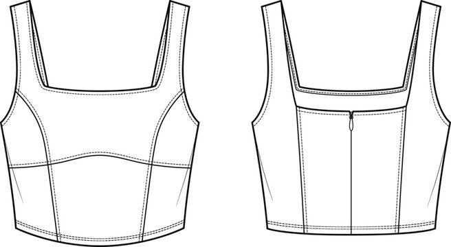 Technical drawing of a sleeveless cropped top with a square neckline and center back zipper