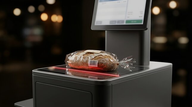 A packaged artisan bread loaf being scanned at a modern self-checkout kiosk with red laser barcode reader