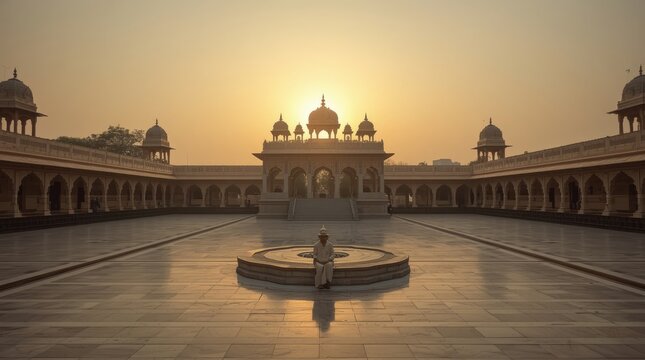 Serene Morning View of a Man Sitting in a Symmetrical Indian Palace Courtyard at Golden Sunrise