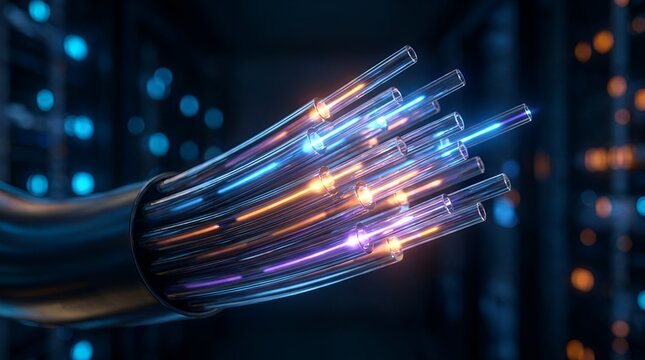 Close-up of a fiber optic cable bundle with glowing blue, orange, and purple light streaming from the ends against a dark background