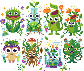 Fototapeta premium Cute plant monster and laboratory science experiment set featuring Venus flytrap, pitcher plant, magic mushroom, root creature, and potion flasks isolated on white background