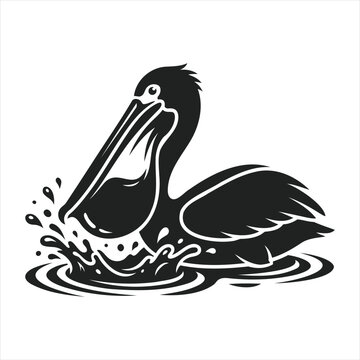 Black monochrome vector illustration of a pelican splashing in water