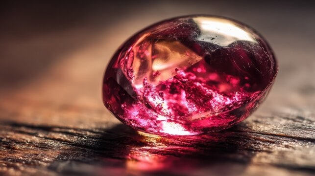 A polished ruby cabochon gemstone with a smooth surface and deep red hue rests on a textured surface