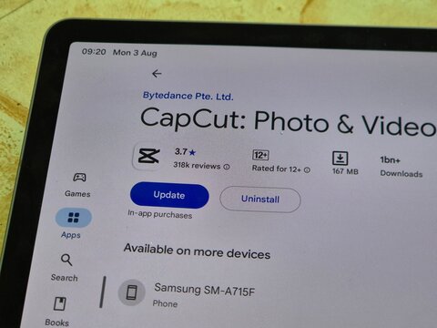 CapCut App Page on Google Play Store Displayed on Tablet Screen. Pamekasan, Indonesia - Aug 03, 2026.