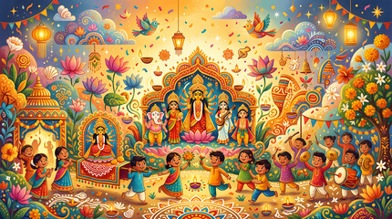Fototapeta premium Colorful Indian Festival Celebration Illustration with Goddess and Children