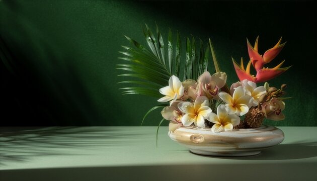 Lush plumeria, orchids, heliconia, and palm leaves arranged in a ceramic bowl, illuminated by dramatic sunlight against a deep green background with generous copy space.