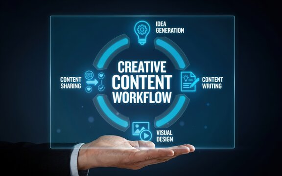Creative content workflow concept with digital icons